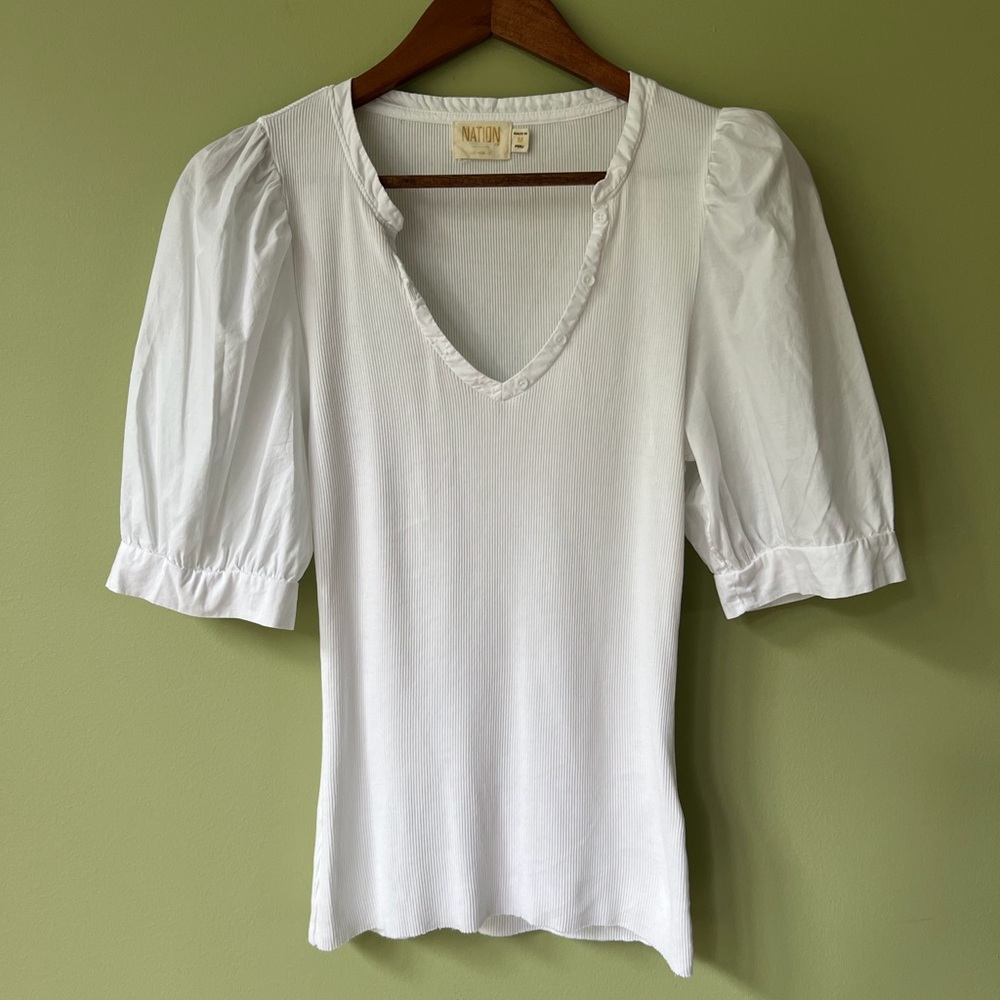 NATION LTD NWOT Natalie Combo Ribbed V-Neck Puff Sleeve Top